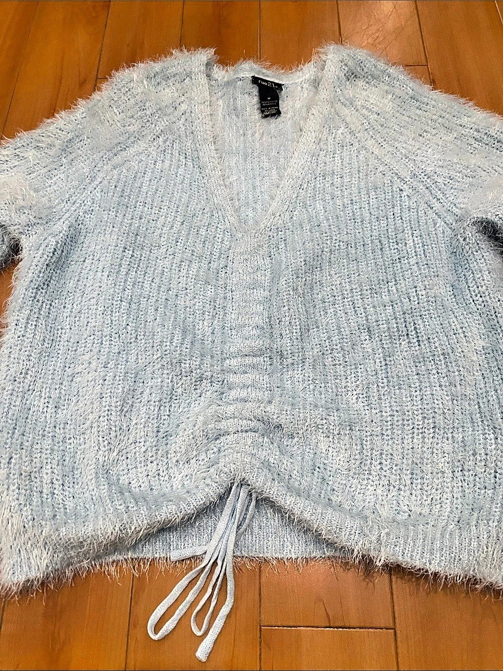 rue21 Fuzzy V-Neck Sweater in Blue Size Medium
